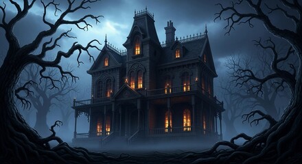 Dark spooky haunted house with glowing windows, surrounded by eerie night sky, symbol of Halloween and horror themes
