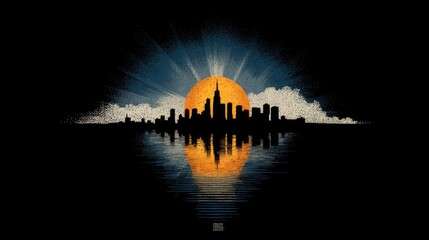 Fototapeta premium City silhouette, rising sun, dark sky