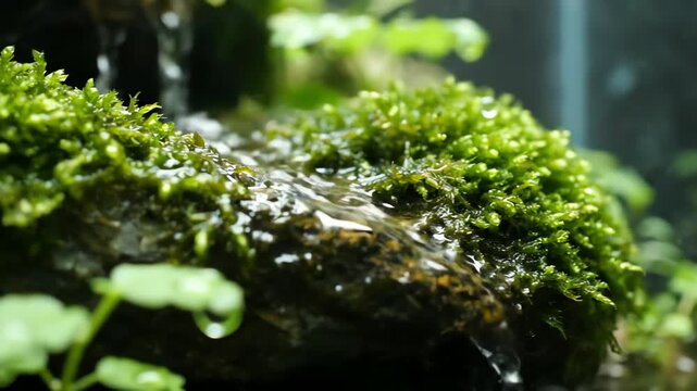 Close-up of a miniature jungle with lush green moss and plants in a terrarium with water droplets