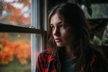 Teen Looking Out Window. Portrait of a Sad Girl Peering Through Window