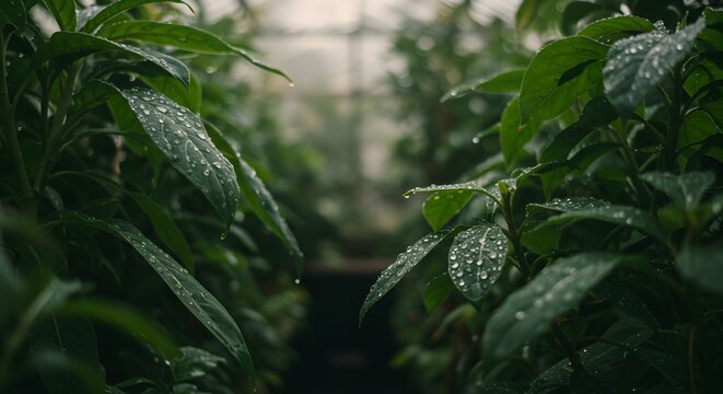 Dew drops cling to lush green leaves in a serene greenhouse setting - Powered by Adobe