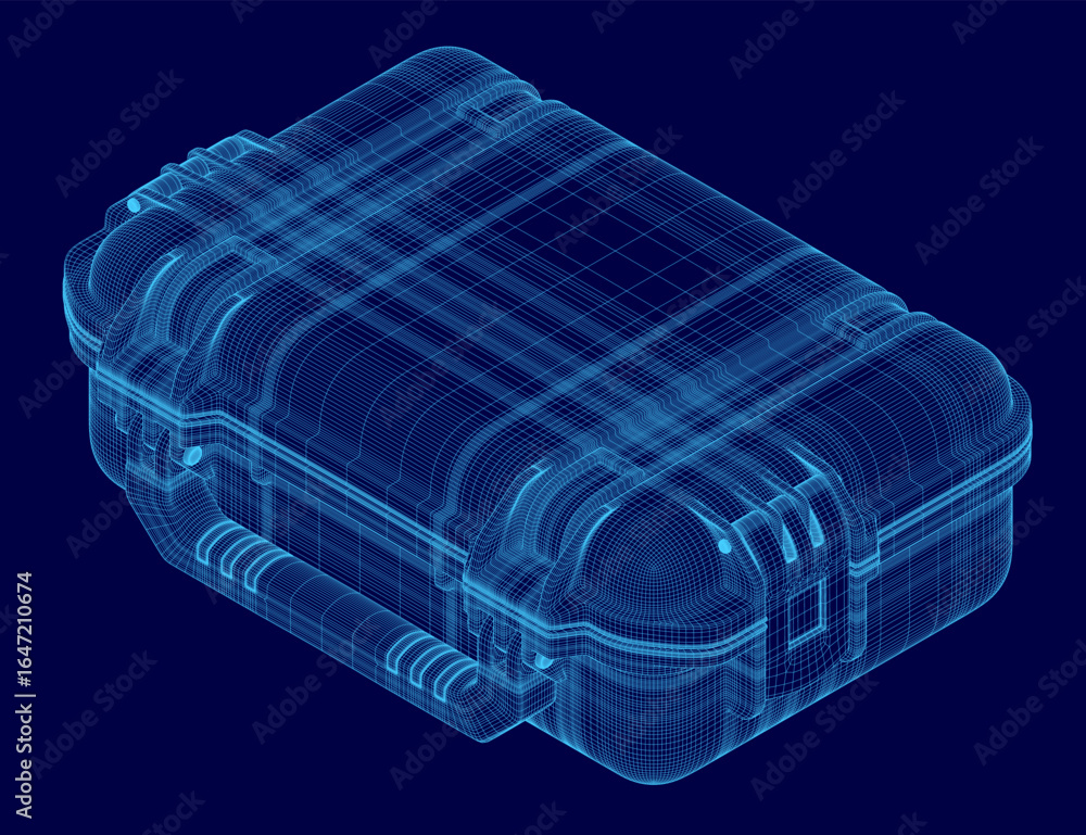 Poster a sci-fi suitcase container with a detailed 3d wireframe model, showcasing sleek design and futurist