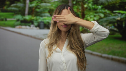 Woman hand covers eyes in park; shyness secrecy privacy mystery.