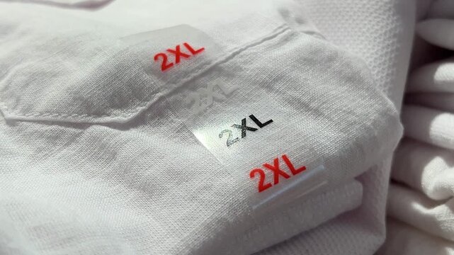 Horizontal close up video. Sticker with red, black 2XL size sign on casual clothes, white t-shirt. Concept of oversize, buying in retail store, shop, Black Friday sale, 11 november, retail, fashion