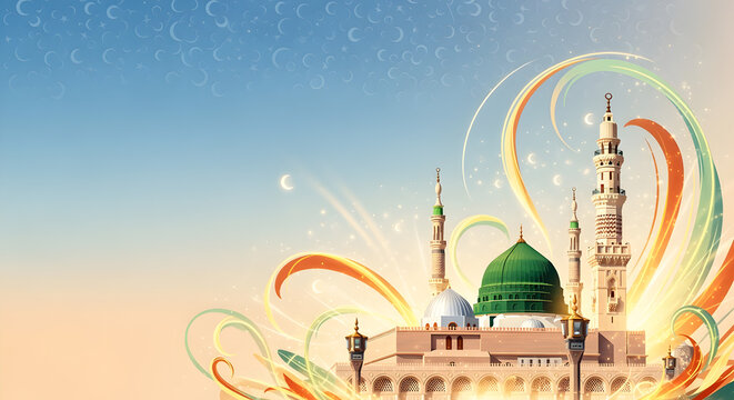 Milad un Nabi Maulid or Mawlid al Nabi Islamic background banner with Madina dome and crescent glow