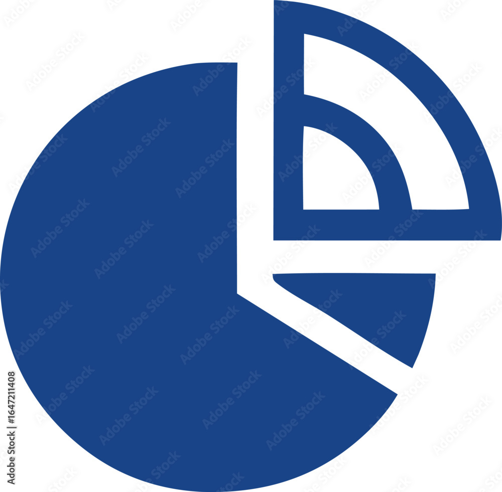 Poster a stylized blue pie chart icon with a segment removed representing data analysis statistics and fina
