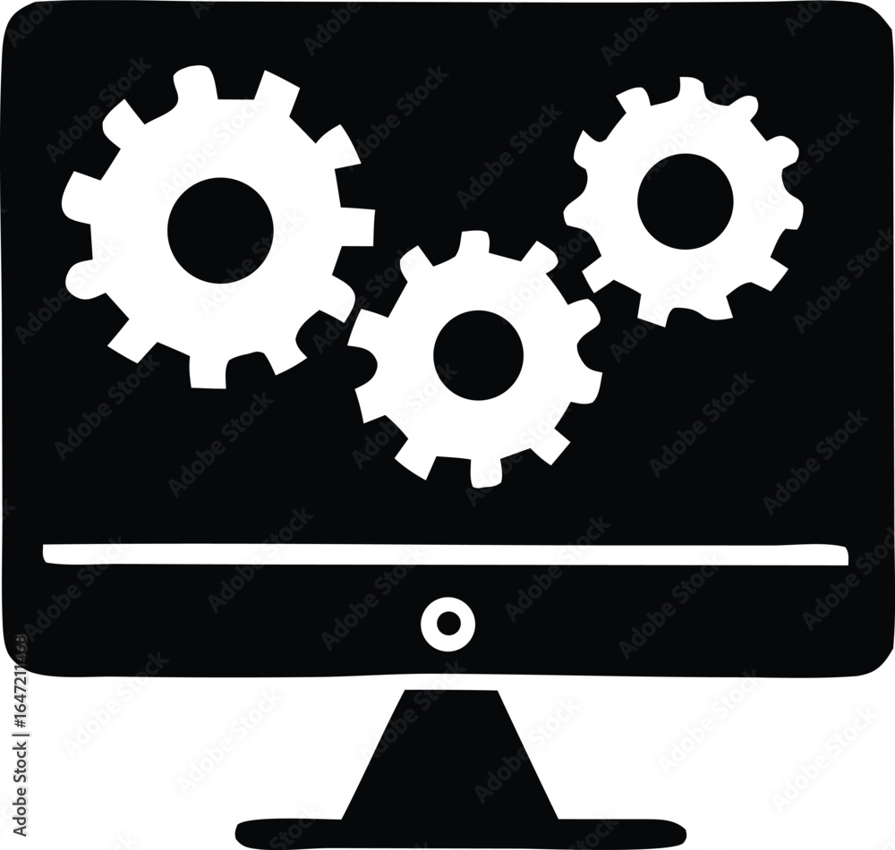 Poster stylized computer monitor displaying interlocking white gears illustrating mechanical engineering an