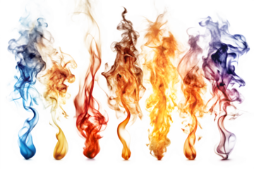 Colorful smoke swirls in various colors like blue, red, orange, yellow, and purple, isolated on transparent background
