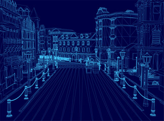 A medieval town blueprint at night features wireframe buildings, street poles, and glowing street lights. People walk along the road under a deep blue sky. Barrier poles line the illuminated pathway.