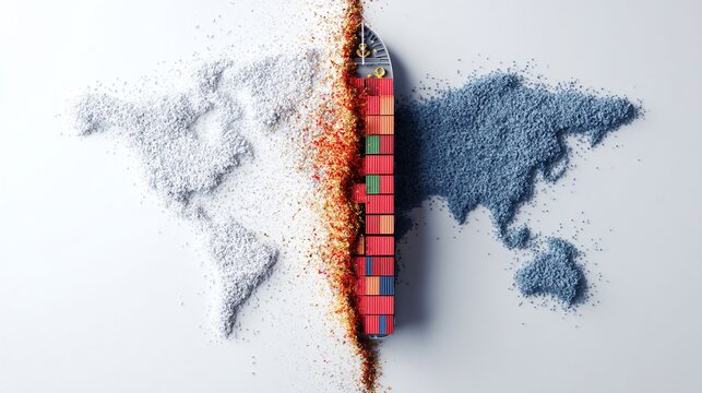 Trade war consequences concept with split world map, tariffs and cargo being blocked.