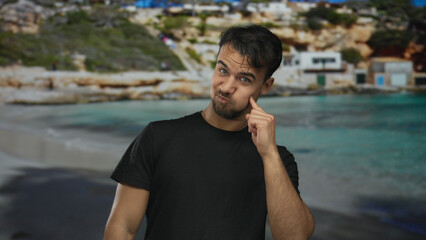 Young man smiling at a seaside setting with clear blue waters and rocky cliffs in the background,...
