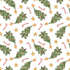 Seamless watercolor pattern with decorated Christmas trees, striped candy canes and golden stars on white background