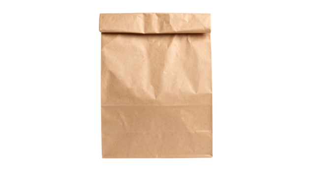 Brown paper lunch bag, folded top isolated on solid white background Png format