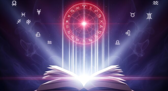 Open Book with Zodiac Circle and Constellations | Astrology, Magic, and Spirituality for Esoteric Publications, Divination Services, and Occult Products