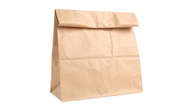 Brown paper lunch bag, folded top isolated on solid white background