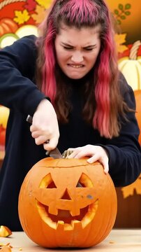 Teenager comically struggles carving a Halloween pumpkin, resulting in a hilariously lopsided, funny face design for autumn festivities.