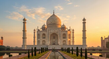 Obraz premium Symmetrical Grandeur of the Taj Mahal at Golden Hour with Reflecting Pool