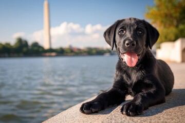 Washington DC Dog: Labrador Retriever Puppy Relaxing by Tidal Basin with Monument