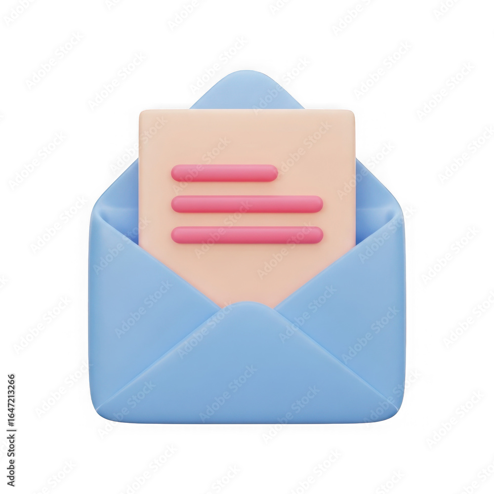 Poster 3d rendered blue open envelope with a light tan letter inside isolated on transparent background