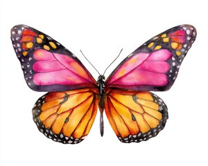 Obraz premium Watercolor Monarch Butterfly. Beautiful Pink and Colourful Butterfly Isolated on White Background