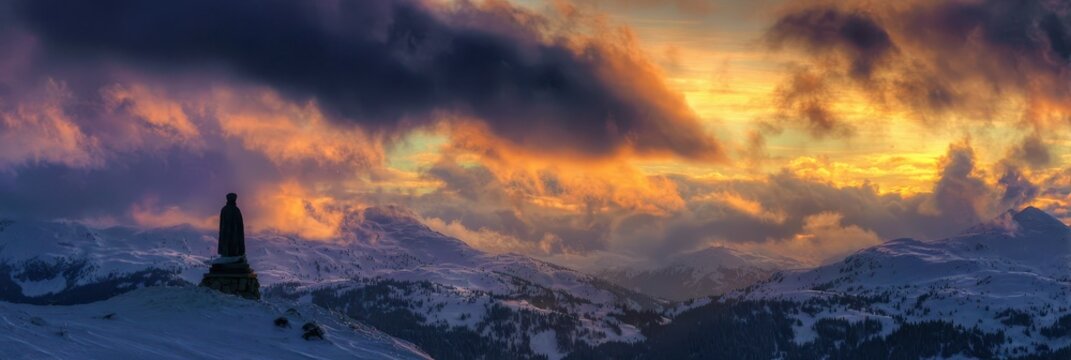 Whistler Winter. Beautiful Canadian Snow Covered Landscape at Blackcomb Mountain during Bright Winter Sunset