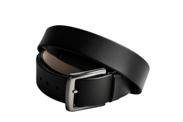 Isolated black leather belt with silver buckle on transparent background lifestyle focus studio environment detailed viewpoint for seo impact