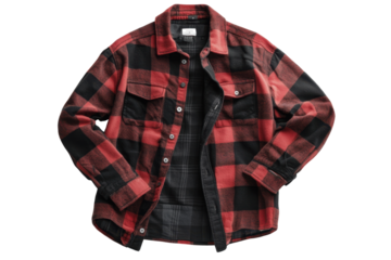 Isolated casual plaid shirt in red and black on transparent background flat lay view lifestyle apparel concept