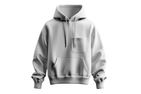 Isolated action of a soft gray hoodie with front pocket transparent background lifestyle photography indoor setting casual concept