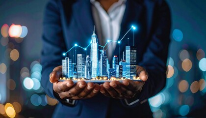 City model held in hands, illuminated, cityscape
