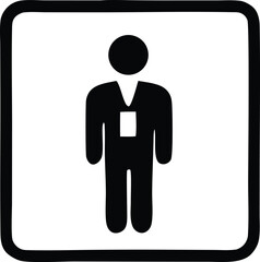 Simple black silhouette of a person in a square frame with a white rectangle on their chest
