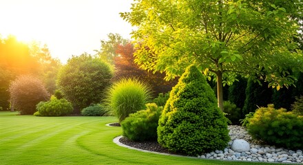 Beautiful Home Garden Landscape with Lush Green Lawn and Manicured Shrubs | Peaceful Residential Backyard for Landscaping and Real Estate Marketing