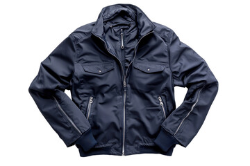 Navy blue windbreaker jacket a transparent background casual fashion studio environment front view modern concept