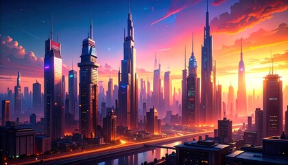 Futuristic skyline reflecting light during colorful sunset in vibrant metropolis