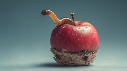 Worm Apple Surprise. Earthworm in Fresh Apple, Concept of Nature and Food