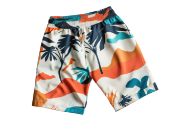 Action-packed summer vibes colorful printed swim trunks isolated transparent background lifestyle photography coastal environment top view concept