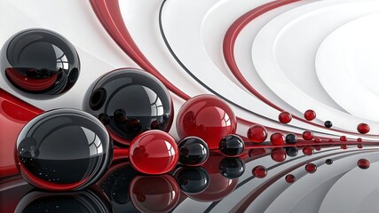 Abstract red and black metallic spheres on a white background with flowing curves and reflections creating a futuristic design