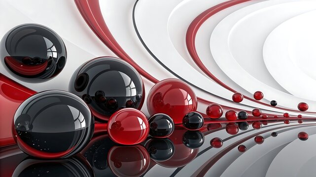 Abstract red and black metallic spheres on a white background with flowing curves and reflections creating a futuristic design - Powered by Adobe