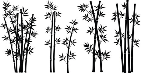 Naklejka premium Bamboo stalks vector illustration, black silhouette bamboo plants, tropical nature design, Asian bamboo forest, exotic plant art, botanical vector background, jungle foliage