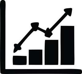 Hand drawn black and white illustration of a bar chart with an upward trending line graph indicating positive growth and financial progress