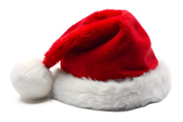 A fluffy red santa hat with white fur trim and a pompom, isolated on a transparent background