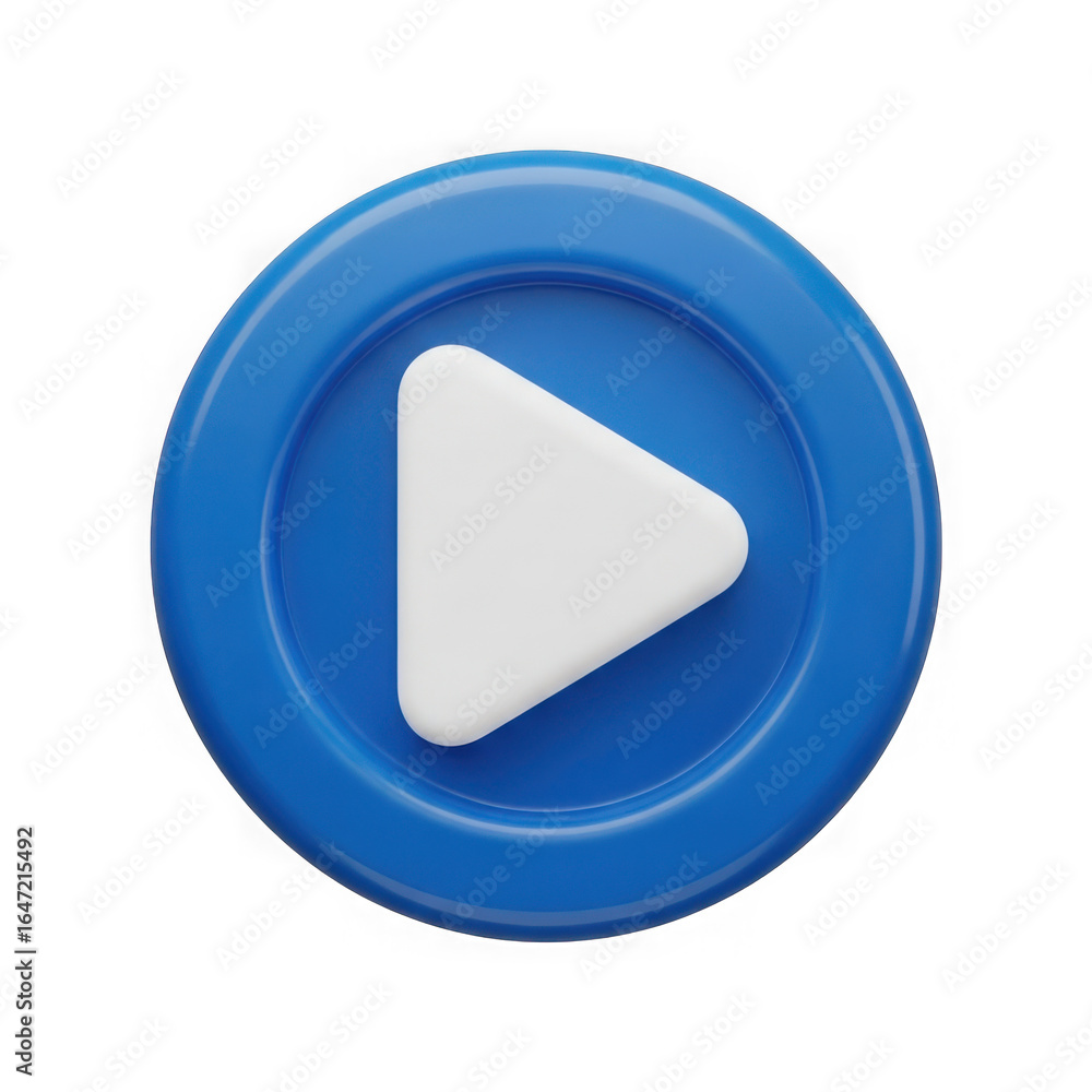 Poster glossy blue circular play button icon with white triangle arrow isolated on transparent background