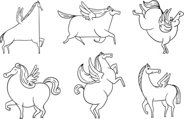 Pegasus character in various poses. Set of outline design groovy magic mascot design in cartoon funny doodle style. Flat vector illustration for avatar, sticker, game.