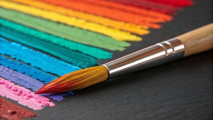 Fototapeta premium Paintbrush with vibrant colorful strokes on a black background creating a rainbow spectrum of artistic expression