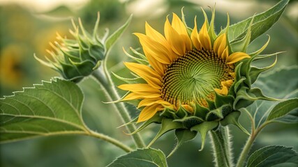 Close up of a bright yellow sunflower with green leaves and buds in a sunny field on a warm day