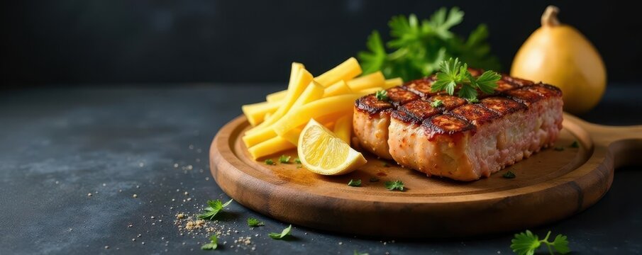 Empty round wooden cutting board, black backdrop Rustic kitchen, recipe mockup , overhead shot, isolated, restaurant