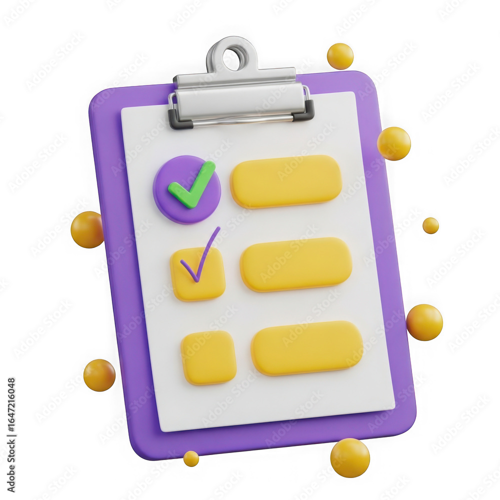 Aufkleber 3d realistic checklist clipboard with yellow bubbles and green checkmarks isolated on transparent ba