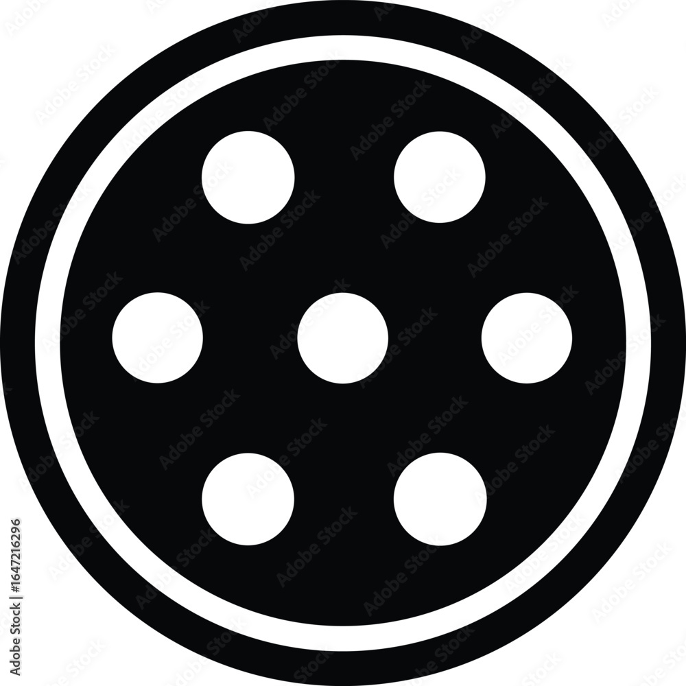 Poster abstract circular graphic featuring a black background with a white outer ring and seven white circu