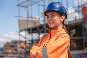 Portrait of young woman construction worker in safety gear standing confidently on building site