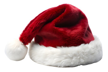 A classic red santa hat with white fur trim and a pompom, isolated on a transparent background, symbolizing the holiday season and christmas cheer