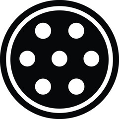 Abstract circular graphic featuring a black background with a white outer ring and seven white circular dots arranged in a central cluster